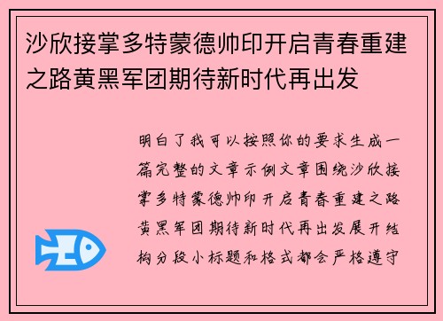 沙欣接掌多特蒙德帅印开启青春重建之路黄黑军团期待新时代再出发 沙欣接掌多特蒙德帅印开启青春重建之路黄黑军团期待新时代再出发
